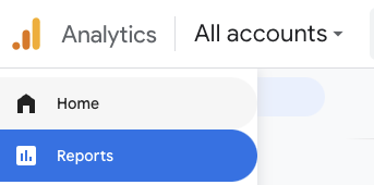 Google analyticsin sivu- ja ylävalikko, reports nappi.