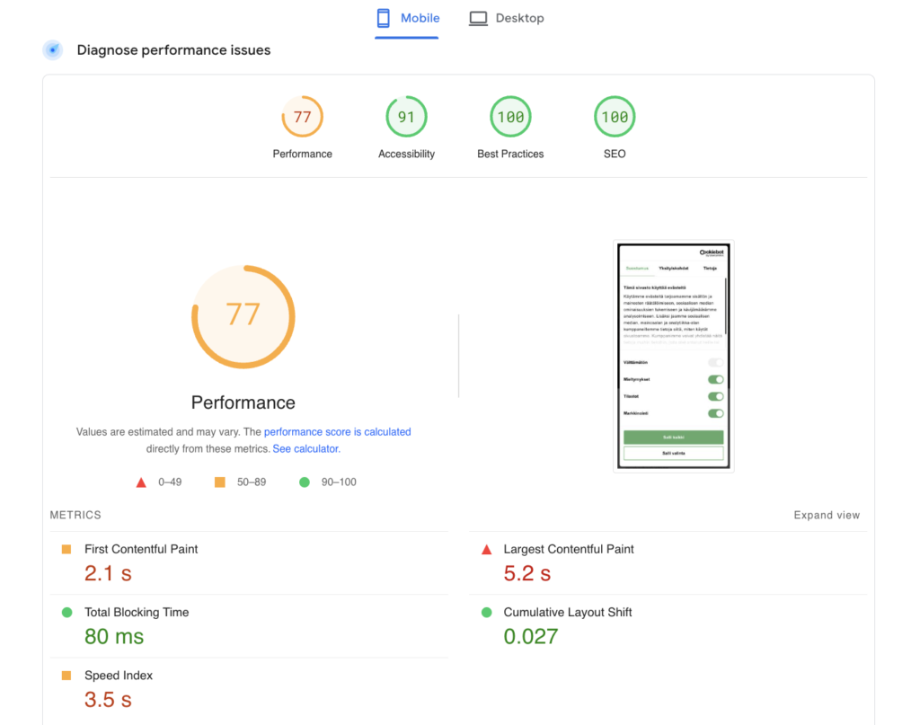 Kuvakaappaus Google Pagespeed Insightsin tyypillisestä näkymästä.